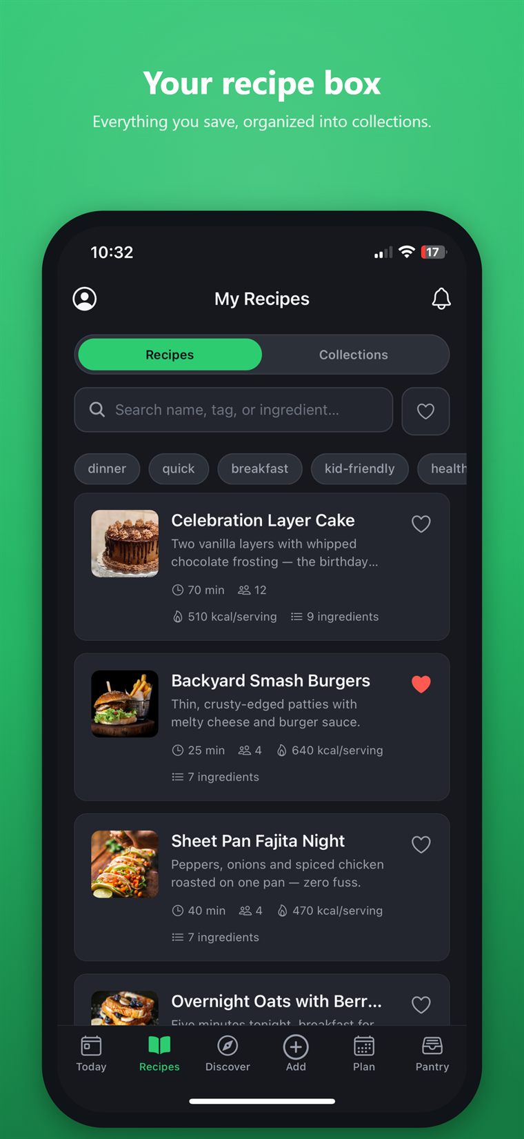 The My Recipes screen with search, collections and recipe cards.