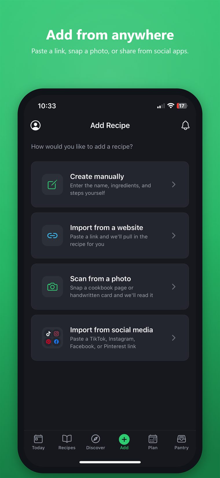 The Add Recipe screen with manual, website, photo and social options.