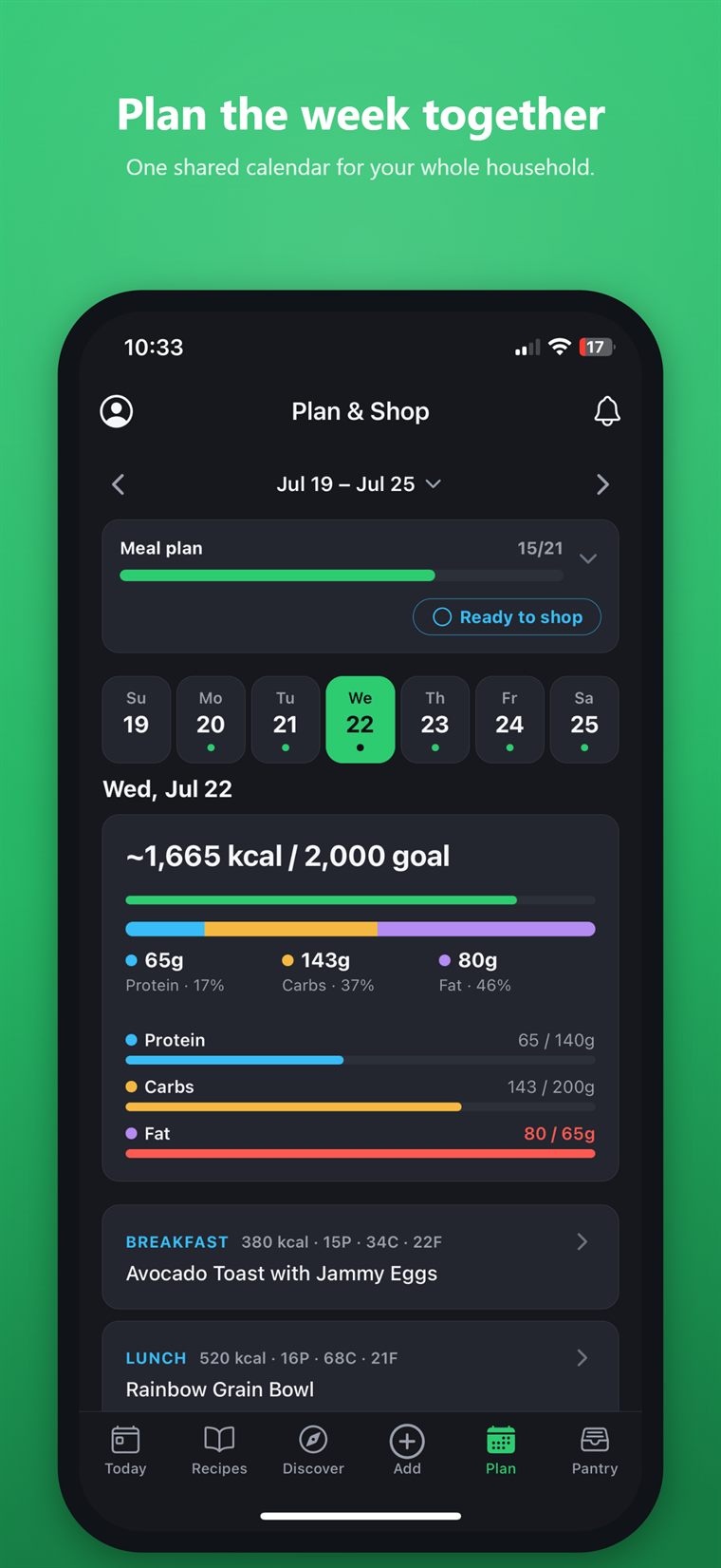 The Plan & Shop screen with a weekly calendar and nutrition breakdown.
