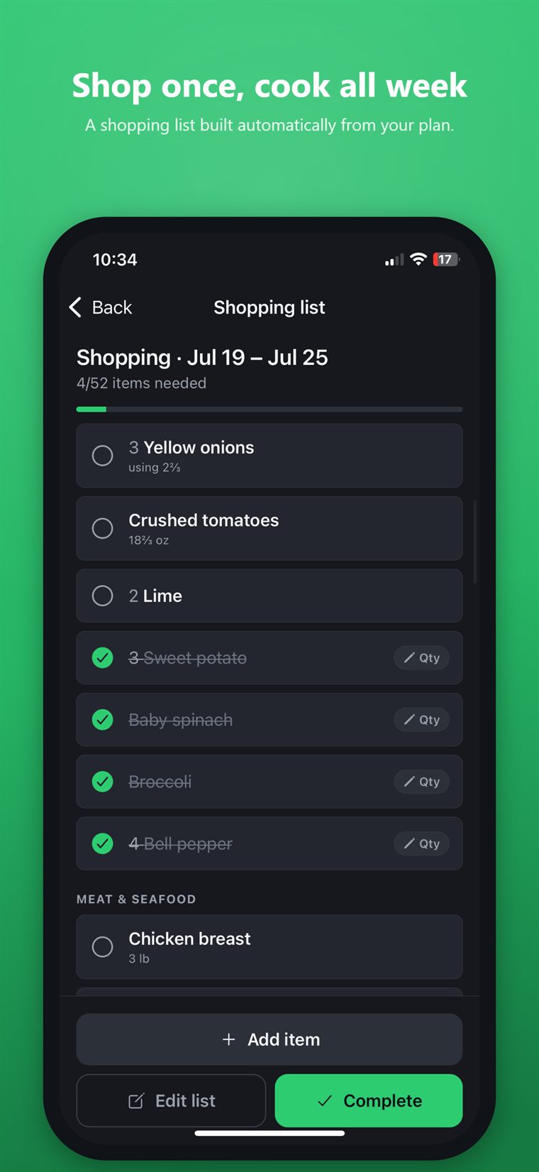 The Shopping list screen with items grouped by aisle and checked off.