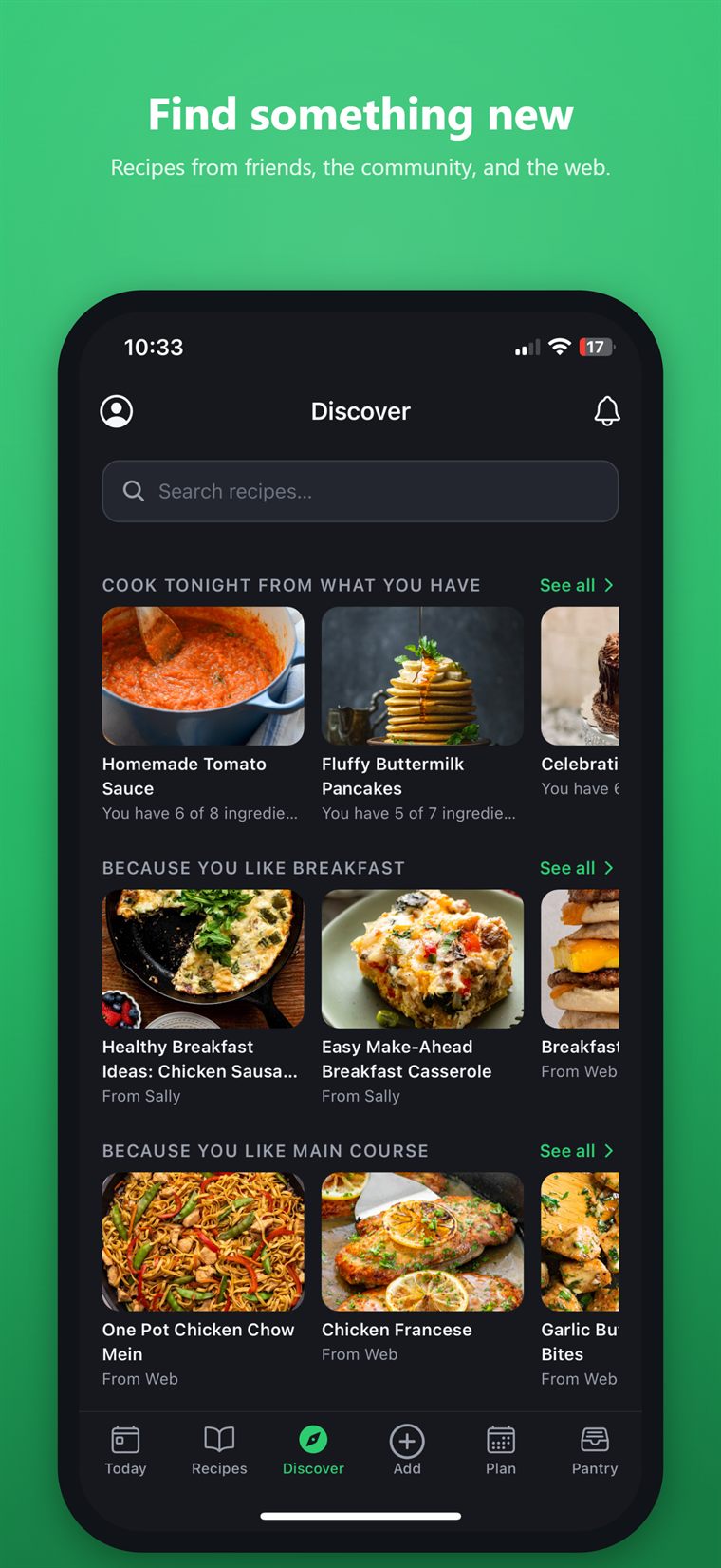 The Discover screen with recipe rails from friends and the web.