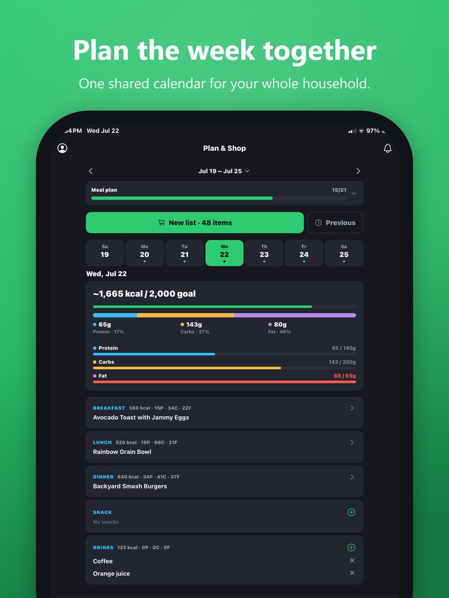 Meepers meal plan on iPad.